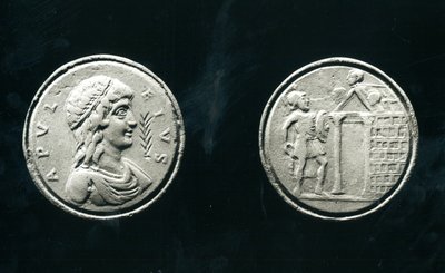 Contorniate representing Apuleius and Reverse depicting a Soldier before a Temple by Roman